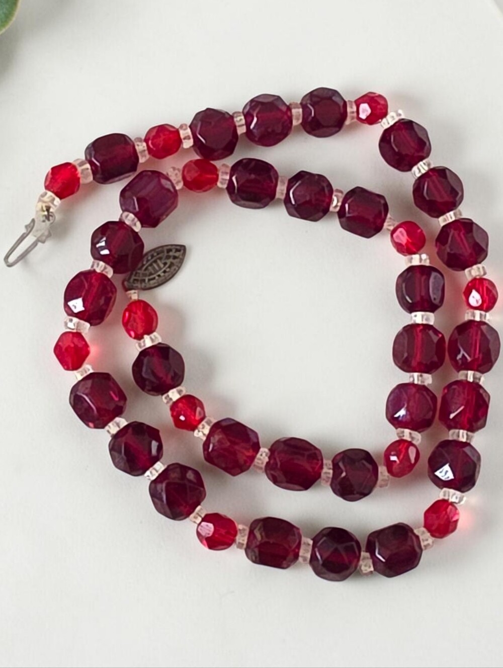 Vintage Red Faceted Glass Bead Necklace Clear Spacer Beads 15.5"